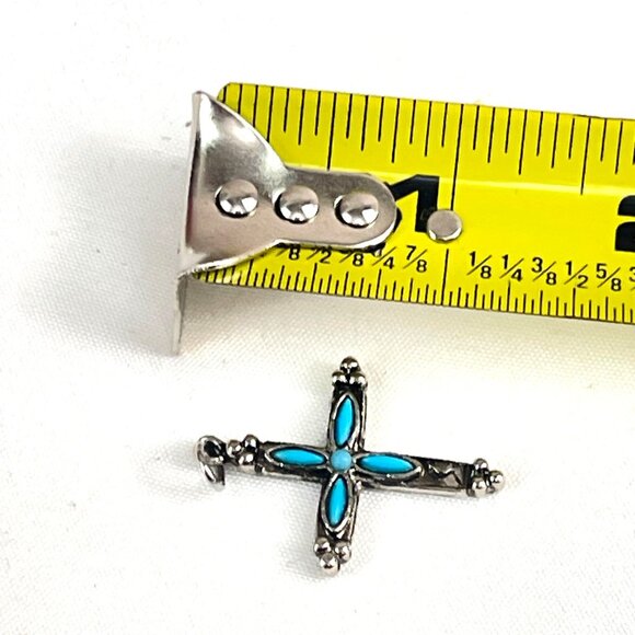 Vintage Silver Cross Pendant Faux Turquoise Inlay Accents Religious Charm Jewelr - Picture 6 of 6